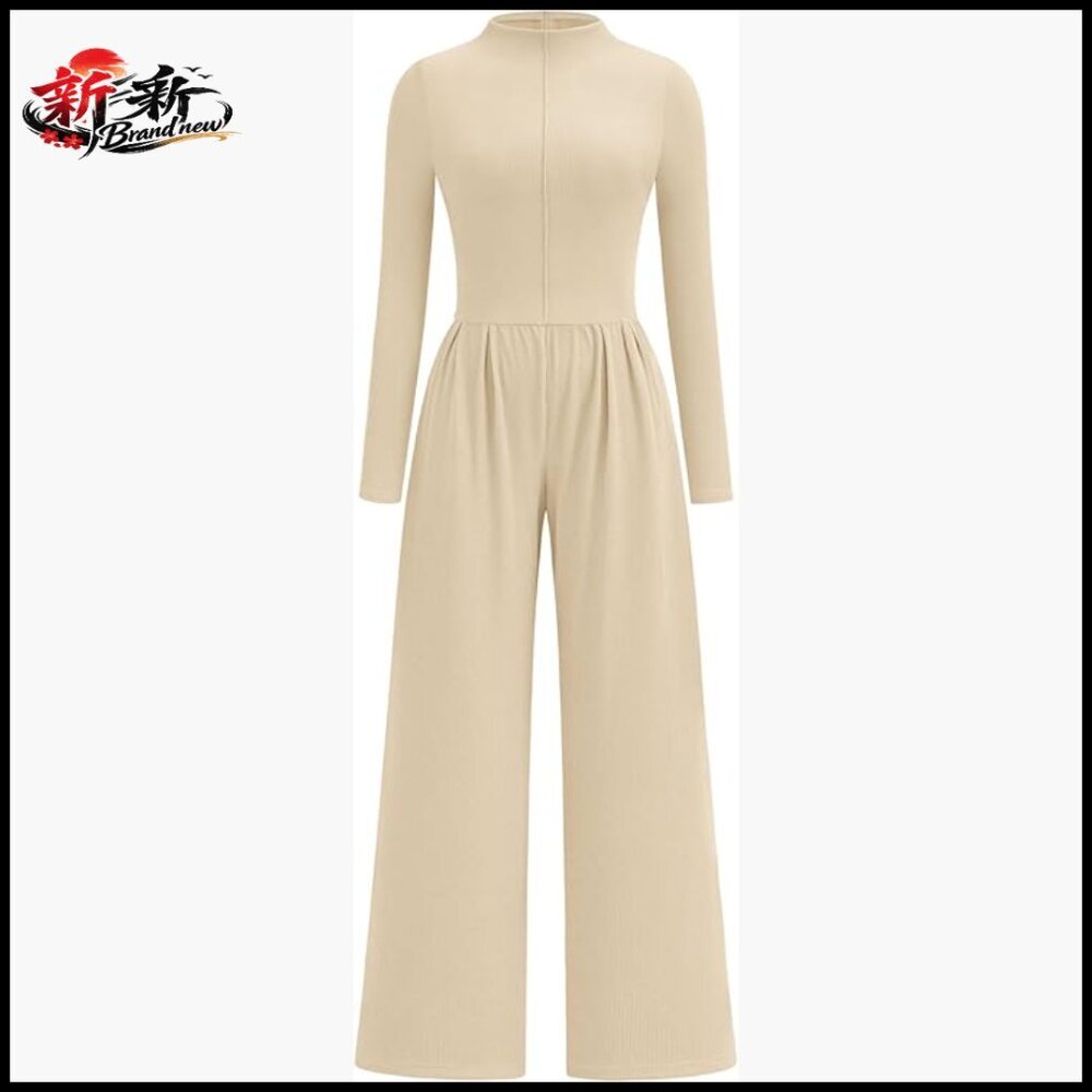 Long Sleeve Mock Neck Jumpsuit with Pockets, 94% Polyester 6% Elastane
